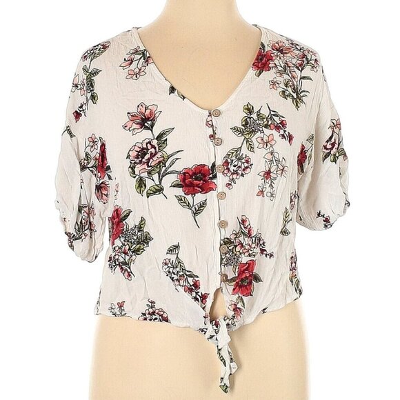 NEW NWT M FASIS Plus Size Tie Front Top Cream Ivory Floral Elbow Sleeve Blouse - Picture 1 of 12